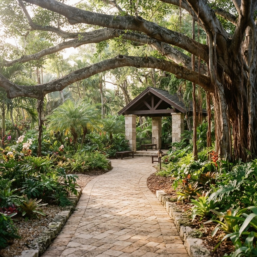 A sunlit garden pathway framed by banyan branches
